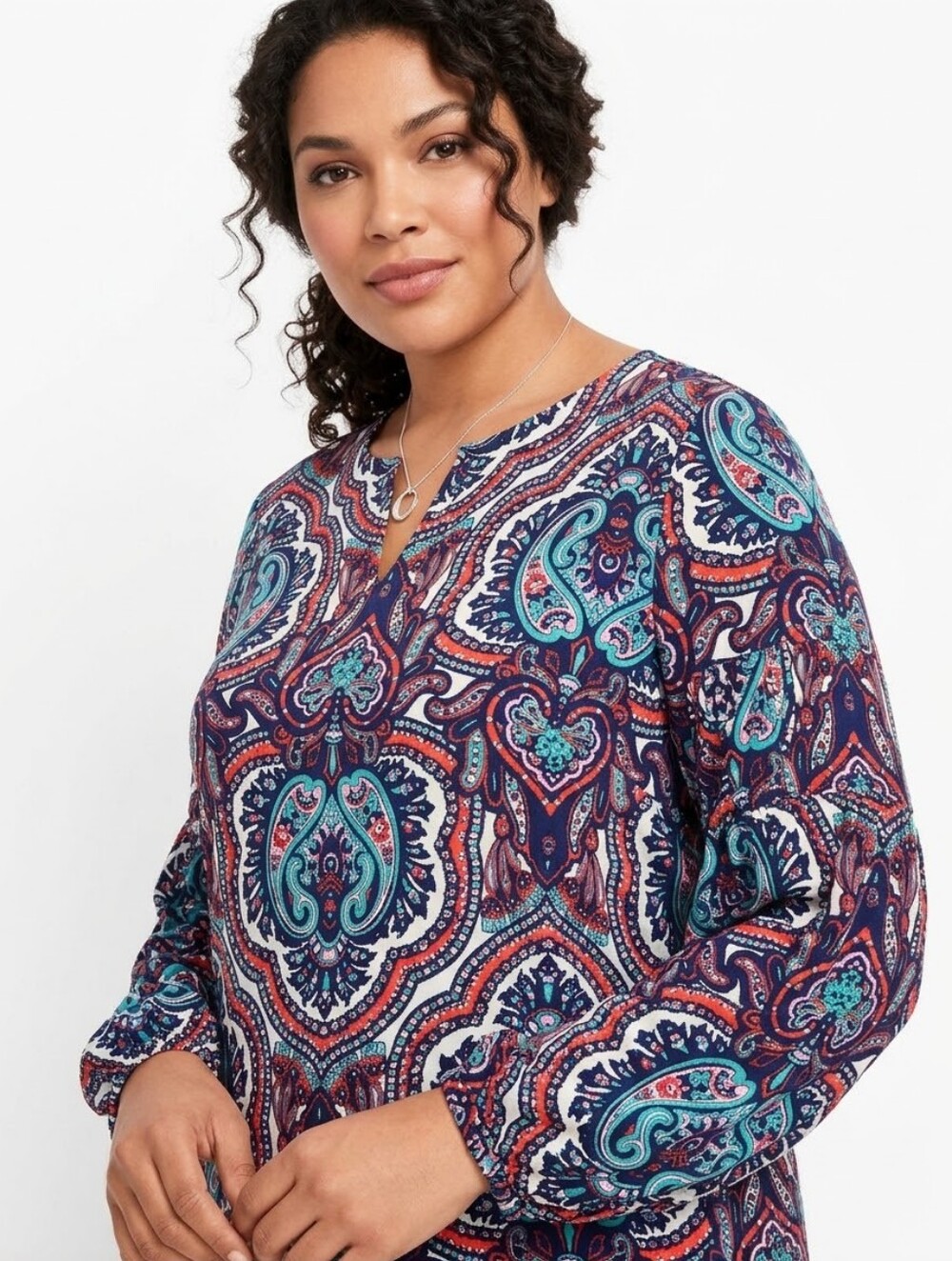 Talbots Paisley V-Neck Tunic Top - Blue, Purple, Teal